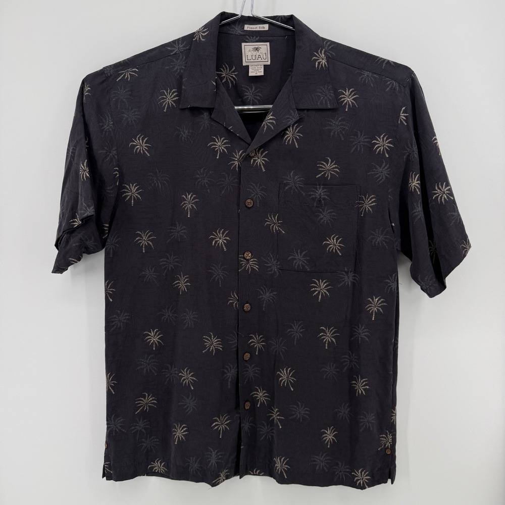 LUAU Button Down Shirt Mens M Black Palm Tree 100% Silk‎ Camp Aloha Hawaiian